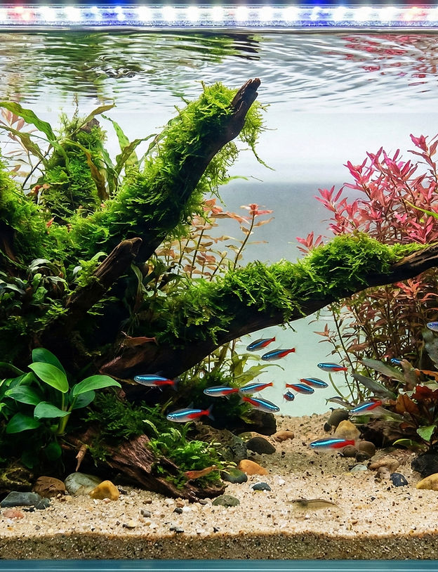 Custom aquascape hardscape by Qscapes — stone and driftwood compositions for planted aquariums