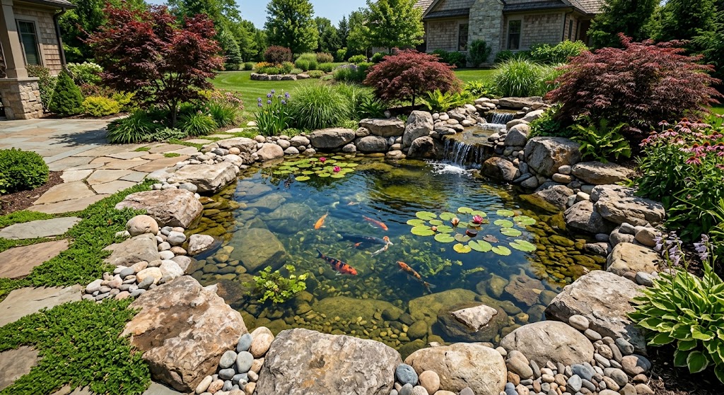 Custom koi pond and water garden by Qscapes, Altoona PA